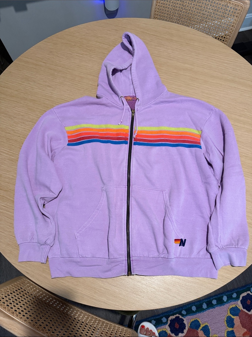 Aviator Nation 5 Stripe Zip Hoodie Lavender Rainbow XL